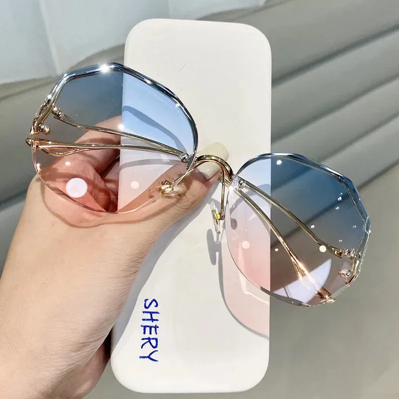 2024 Luxury Round Gradient Metal Curved Ocean Rimless Fashion Sun Eyewear Sunglasses