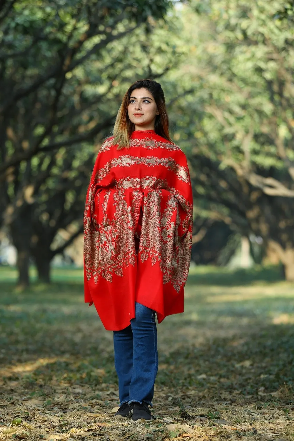 ALLURING RED COLOUR EMBROIDERED SHAWL DEPICTS COURAGE AND RELIGIOUS FERVOR