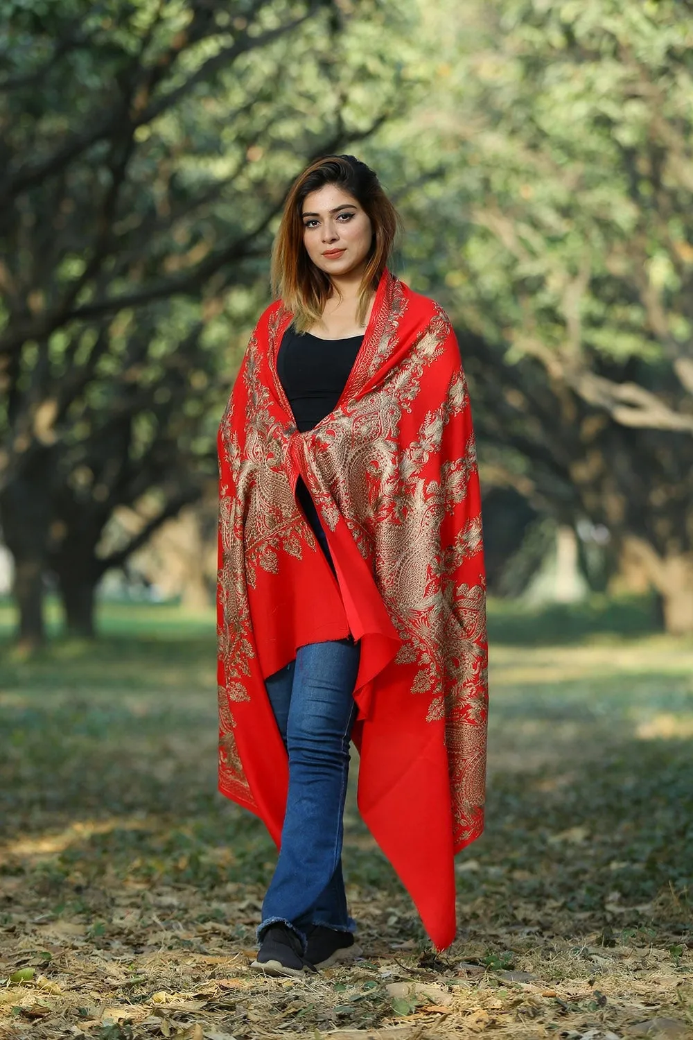 ALLURING RED COLOUR EMBROIDERED SHAWL DEPICTS COURAGE AND RELIGIOUS FERVOR