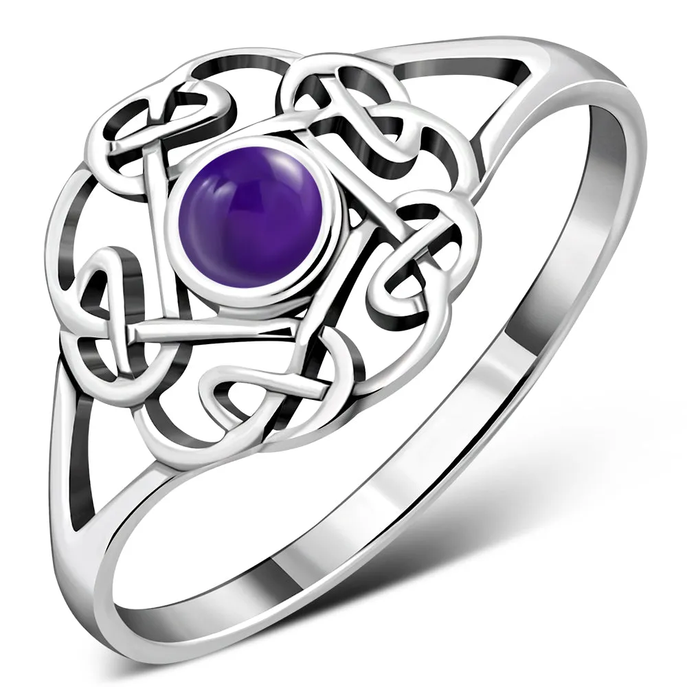 Amethyst Stone Round Celtic Knot Silver Ring