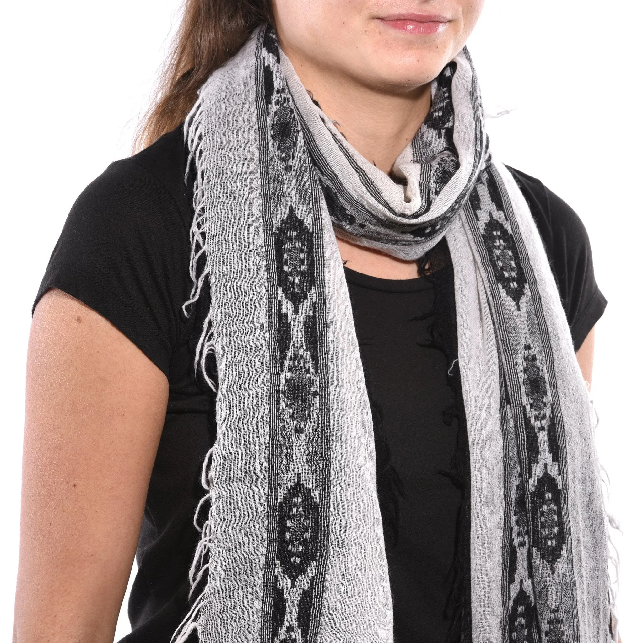 Black & Cream Ikat Scarf - Merino Wool