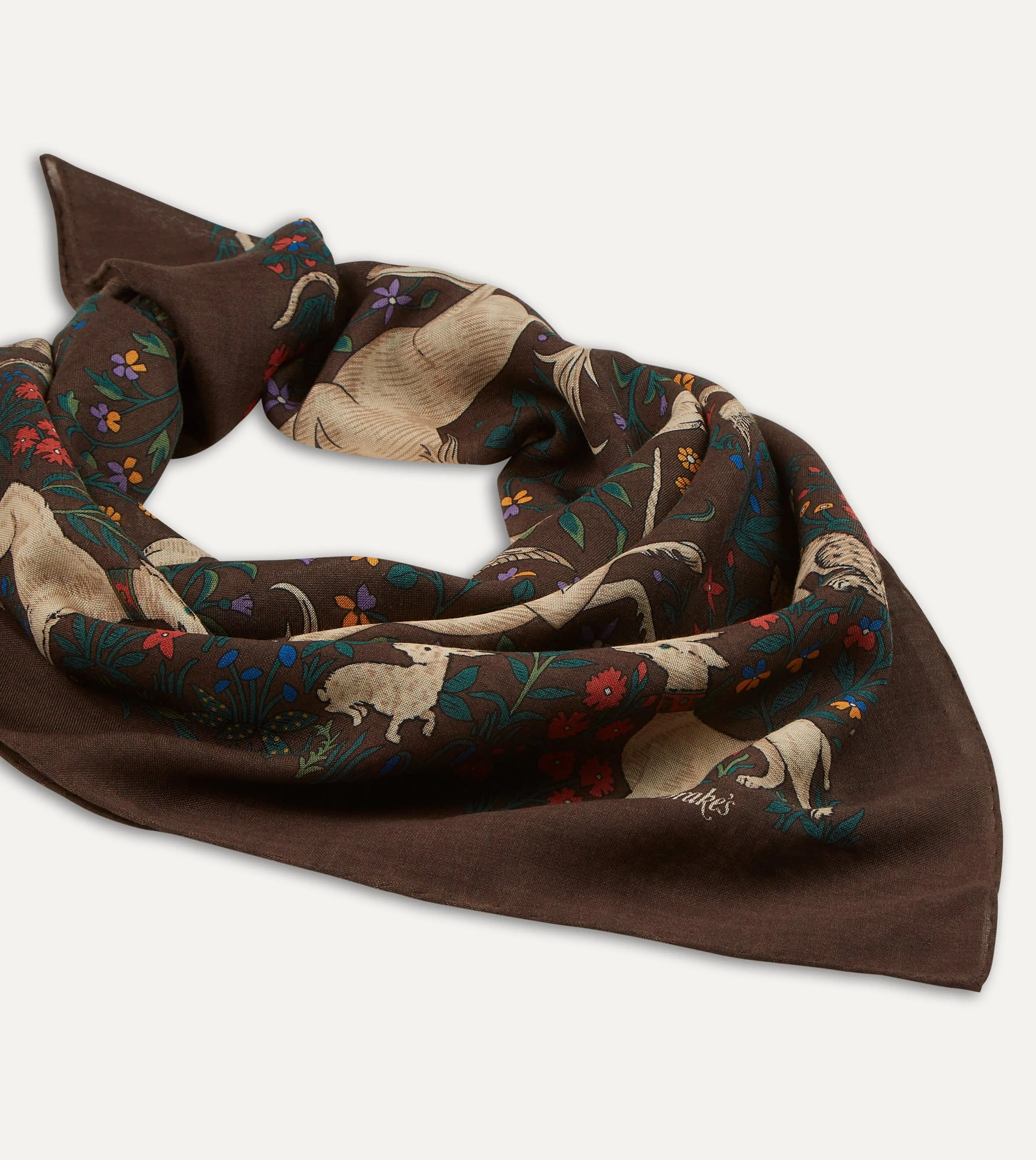 Brown Unicorn Print Wool-Silk Square Scarf