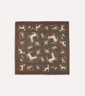 Brown Unicorn Print Wool-Silk Square Scarf