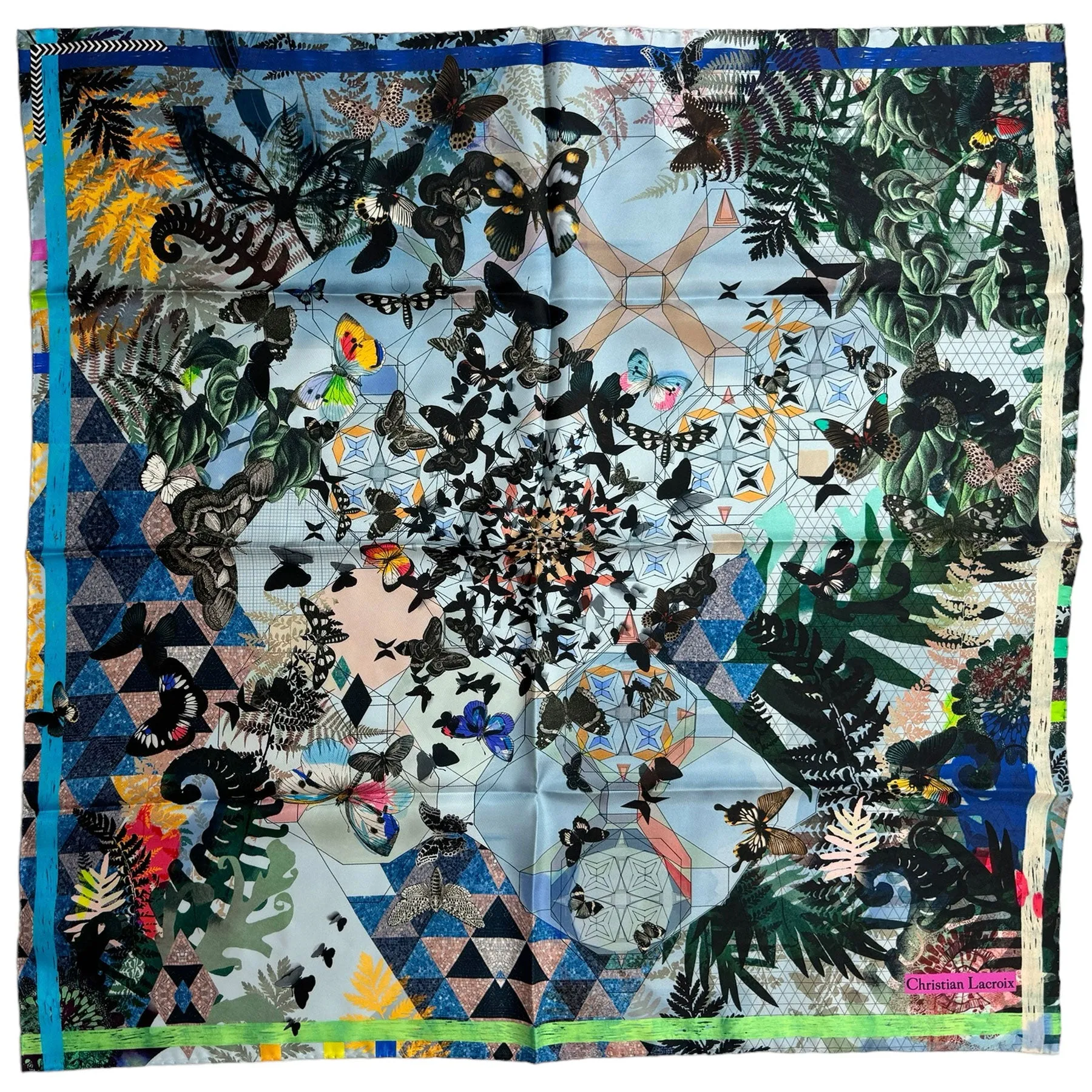 Christian Lacroix Scarf Green Brown Navy Butterfly - Square Twill Silk Scarf