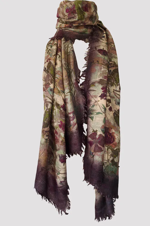 Damask Rose Brown Green Wool Silk Scarf