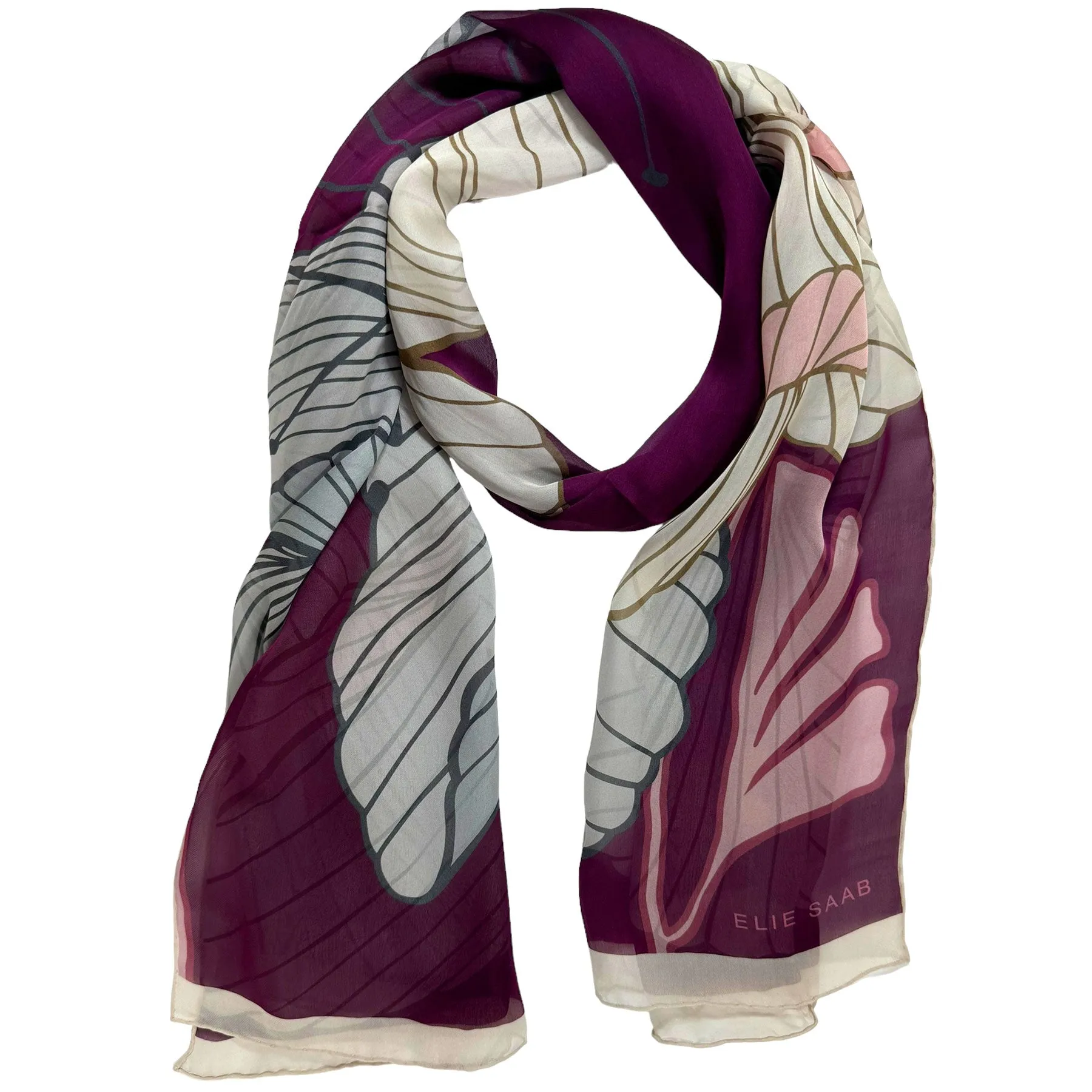 Elie Saab Scarf Purple Gray Floral - Chiffon Silk Designer Shawl