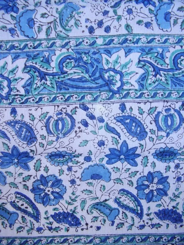 Floral Block Print Neck Scarf Light Cotton 72 x 15 Blue & Green