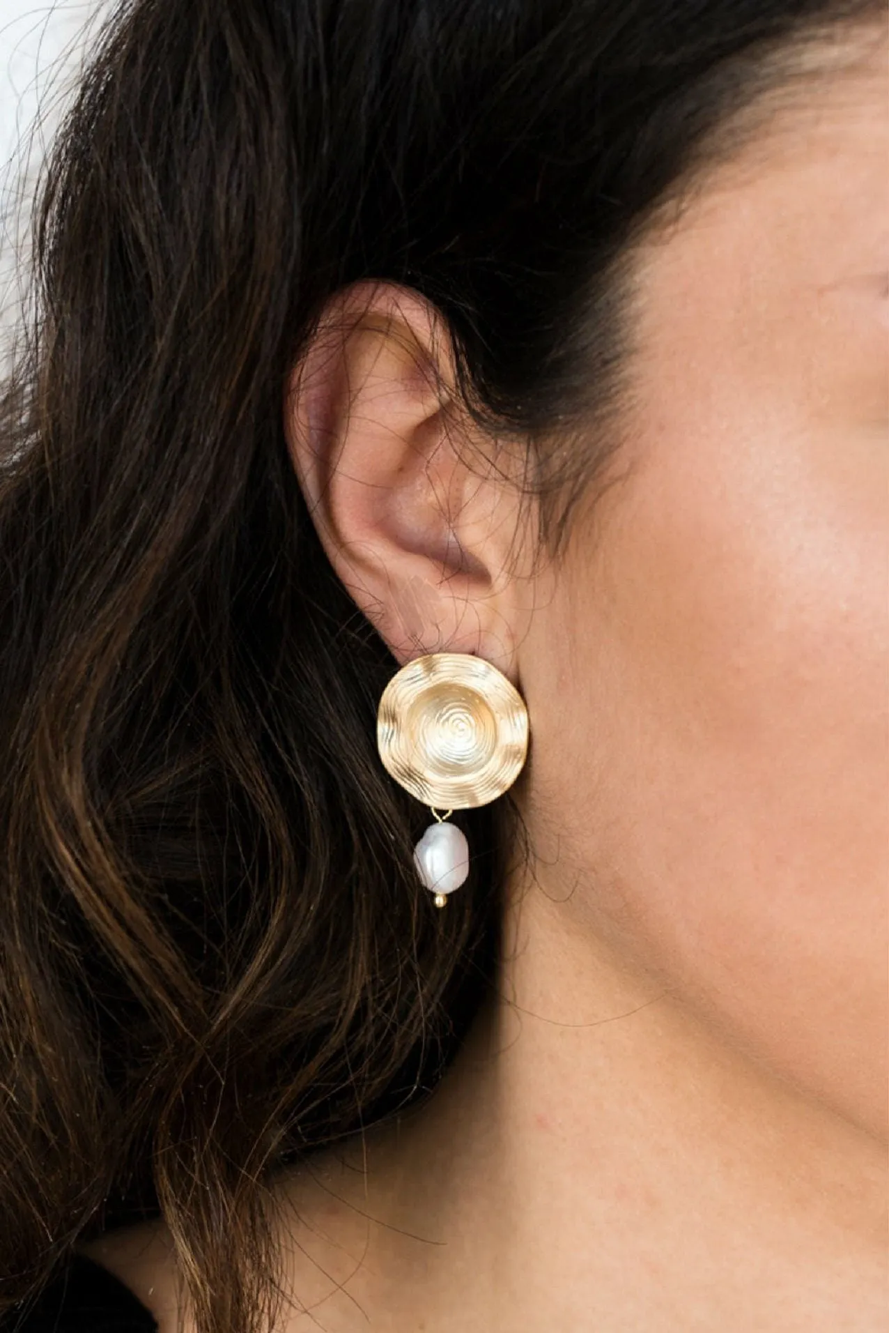 Gold Circle Stud Pearl Drop Earrings