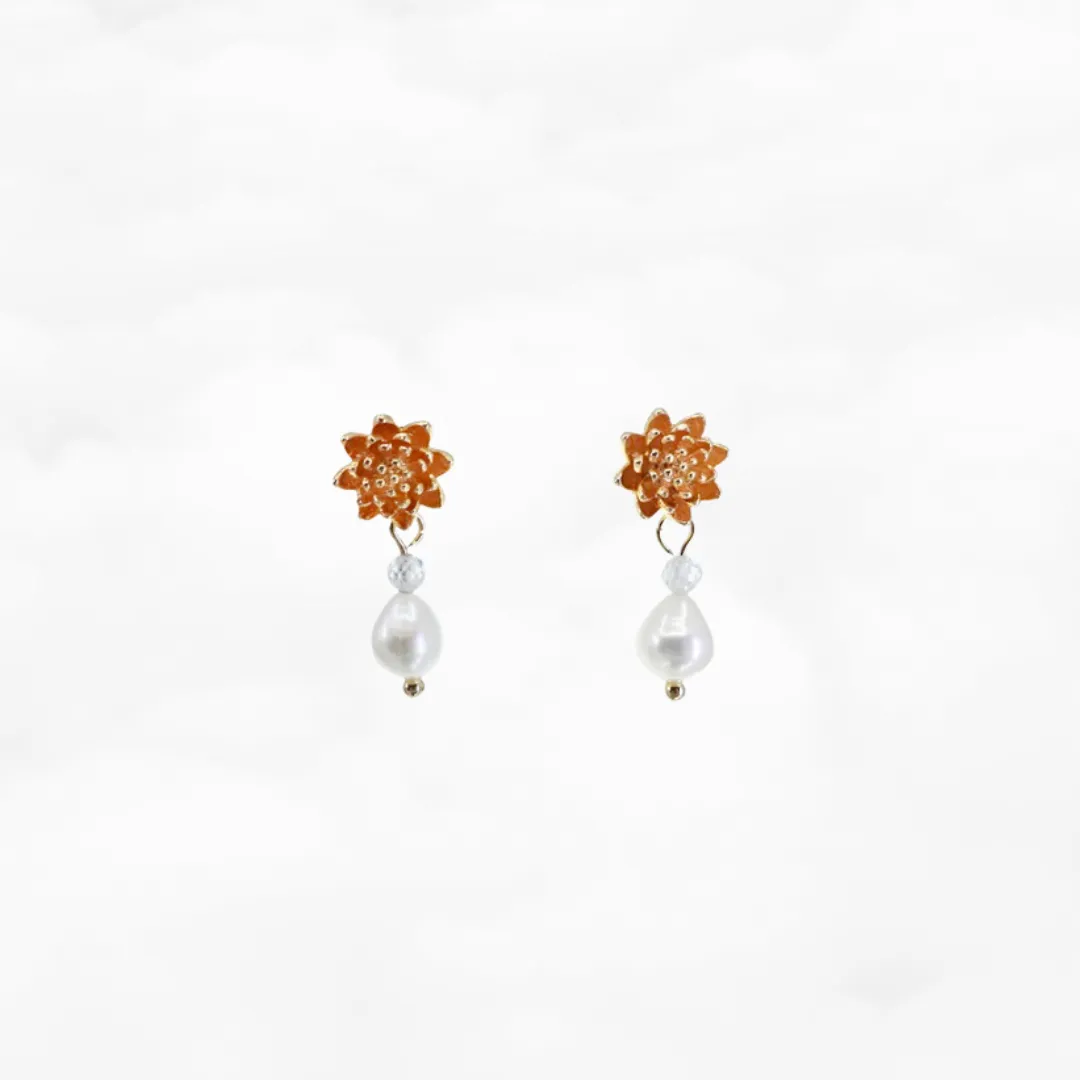 Gold Lotus Pearl Stud Earrings