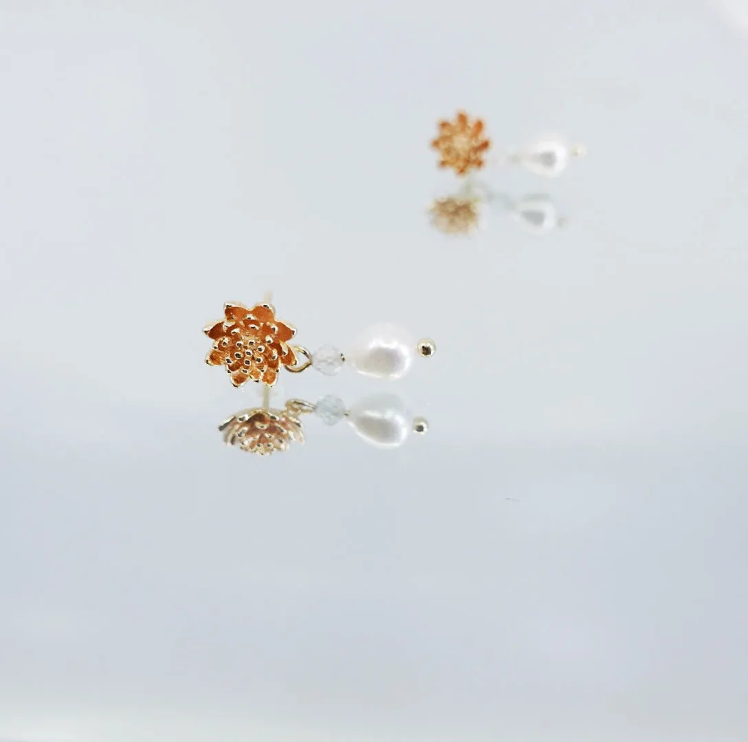 Gold Lotus Pearl Stud Earrings