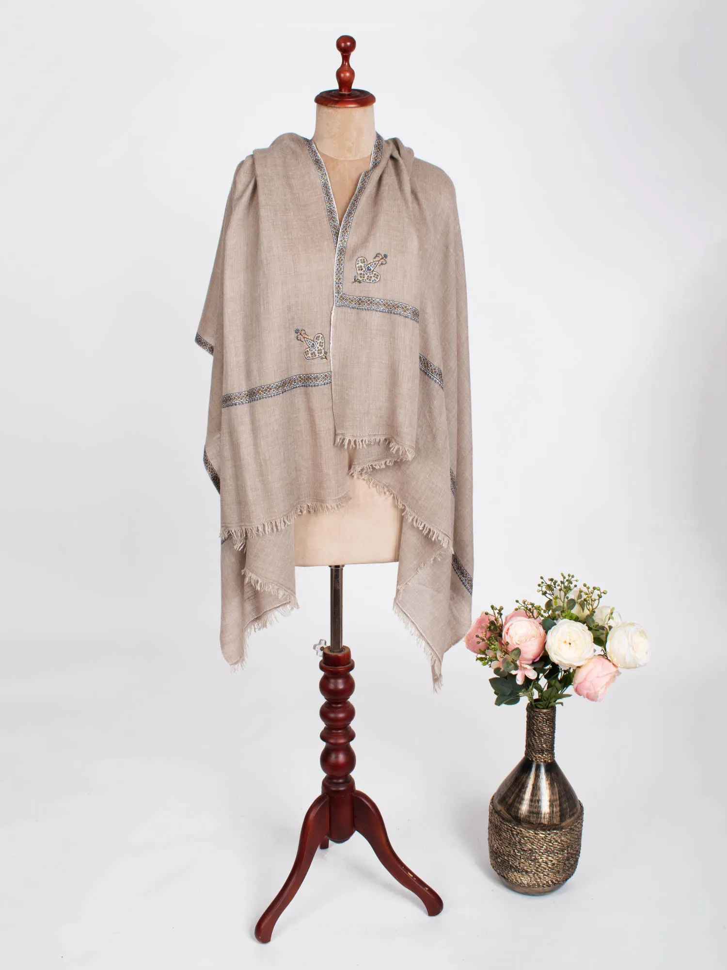 Gray Hashia Embroidered Neck Cashmere Scarf - CRUZ