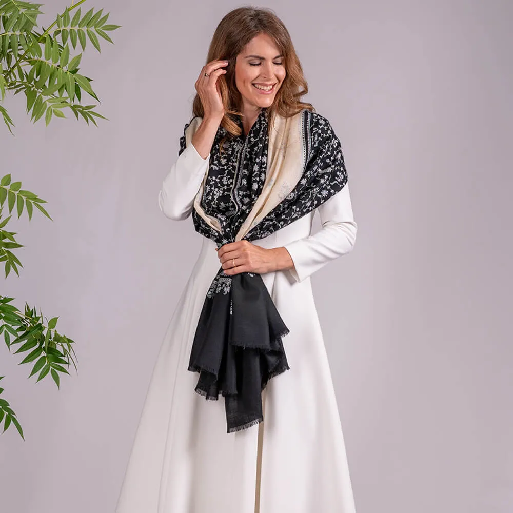 Hand Embroidered Pashmina Cashmere Shawl - Black and Cream