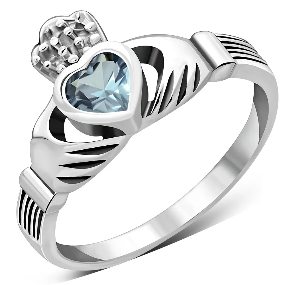 Irish Claddagh Sterling Silver Ring set w/ Blue Topaz CZ