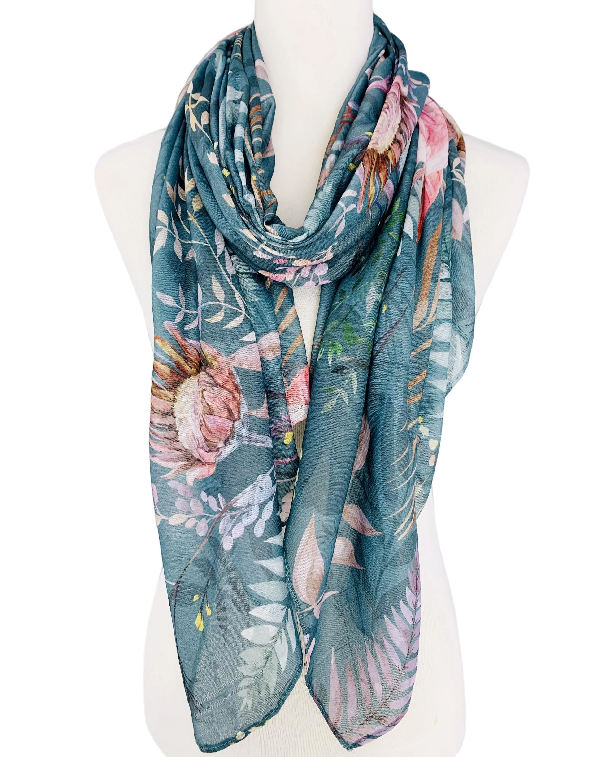 JC071170 Teal-Pink Floral Scarf