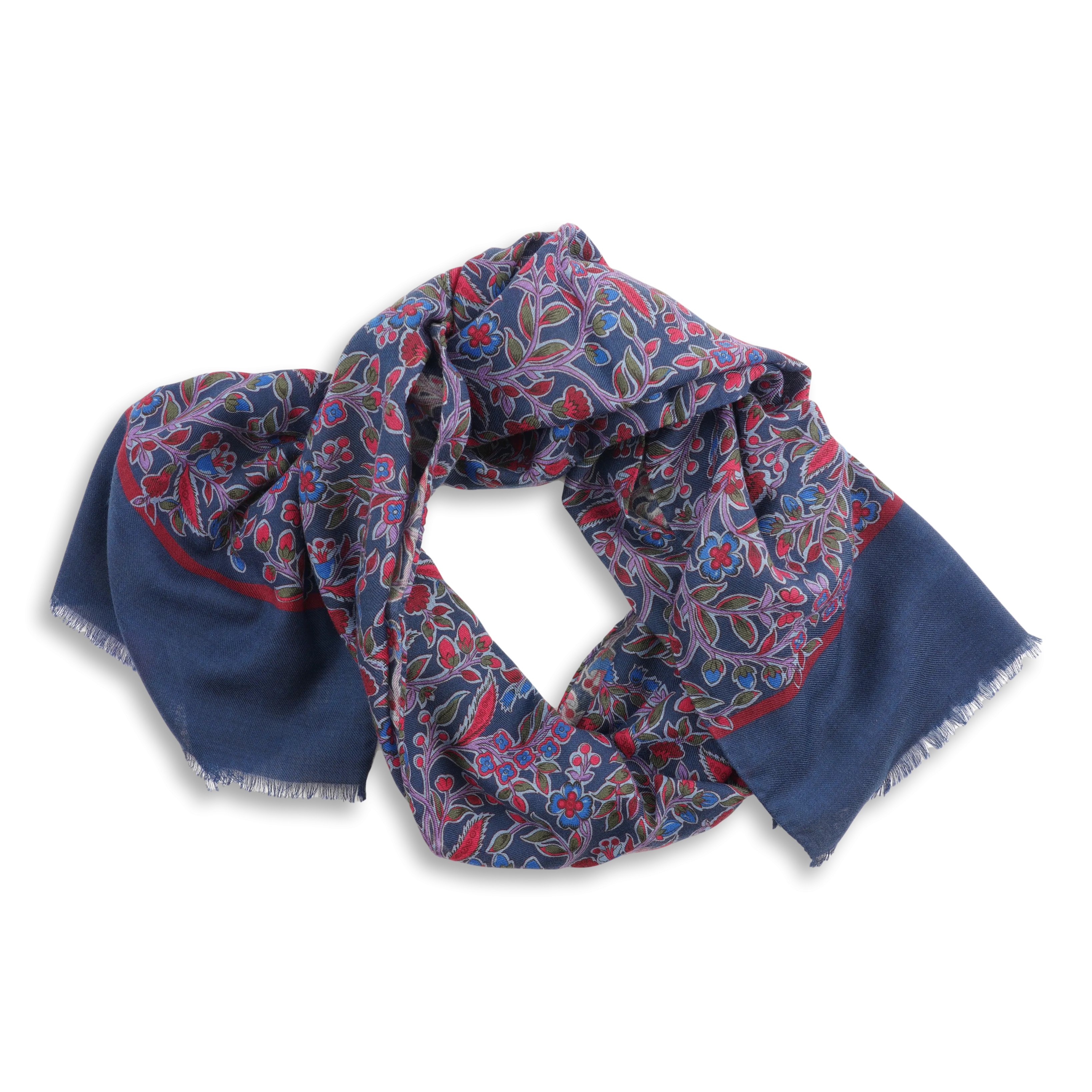 Navy and Multicolored Floral Print Yak and Wool Scarf