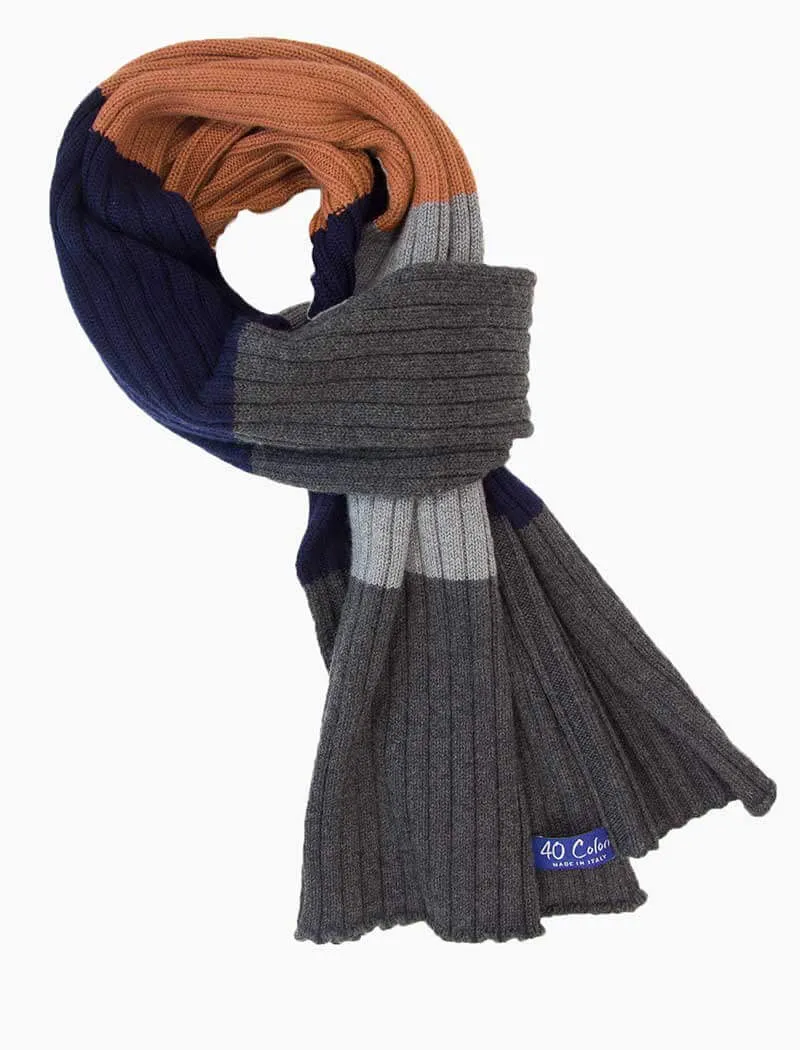 Navy Colour Blocked Ribbed Knitted Wool Scarf