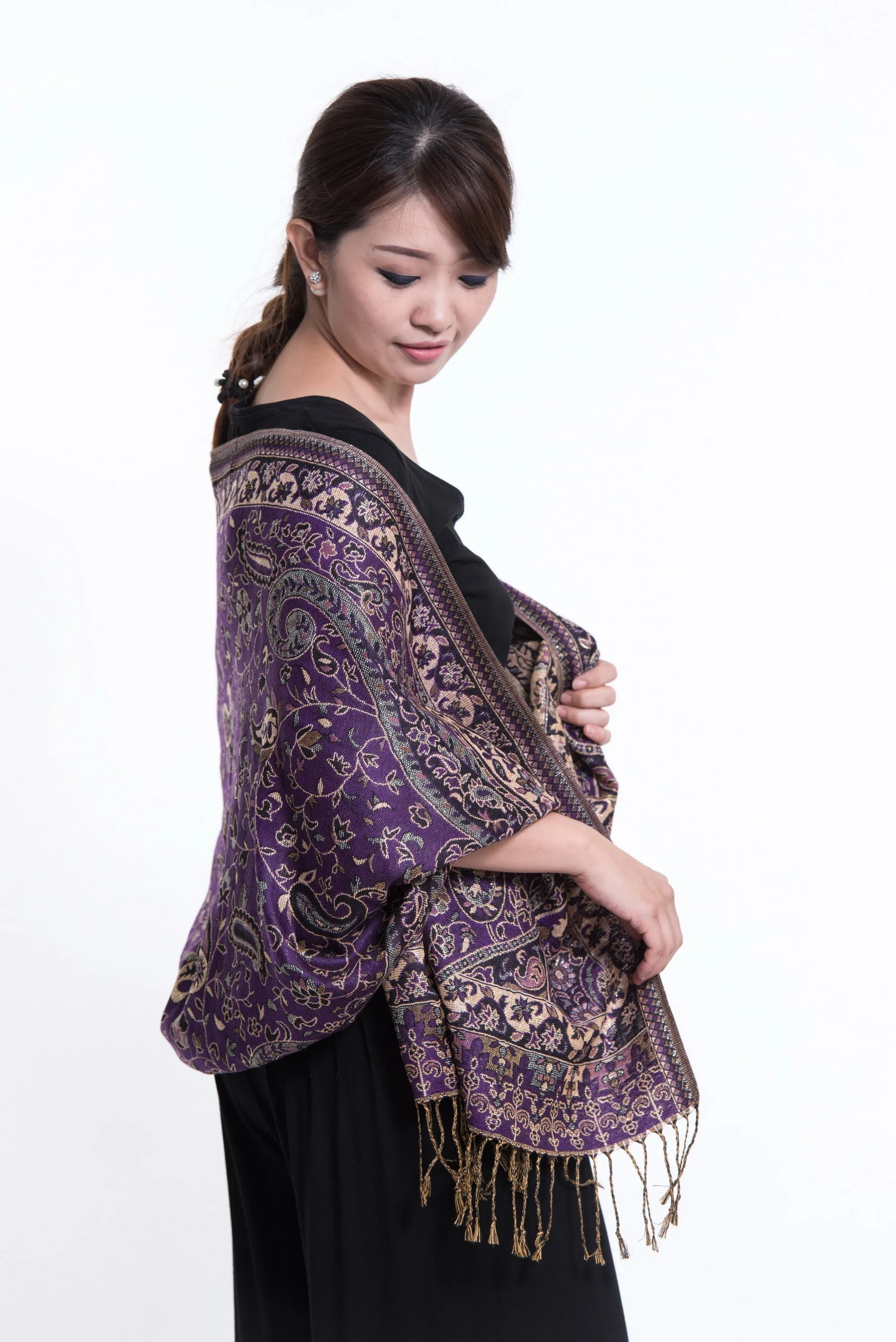 Nepal Traditional Paisley Pashmina Shawl Scarf in Purple