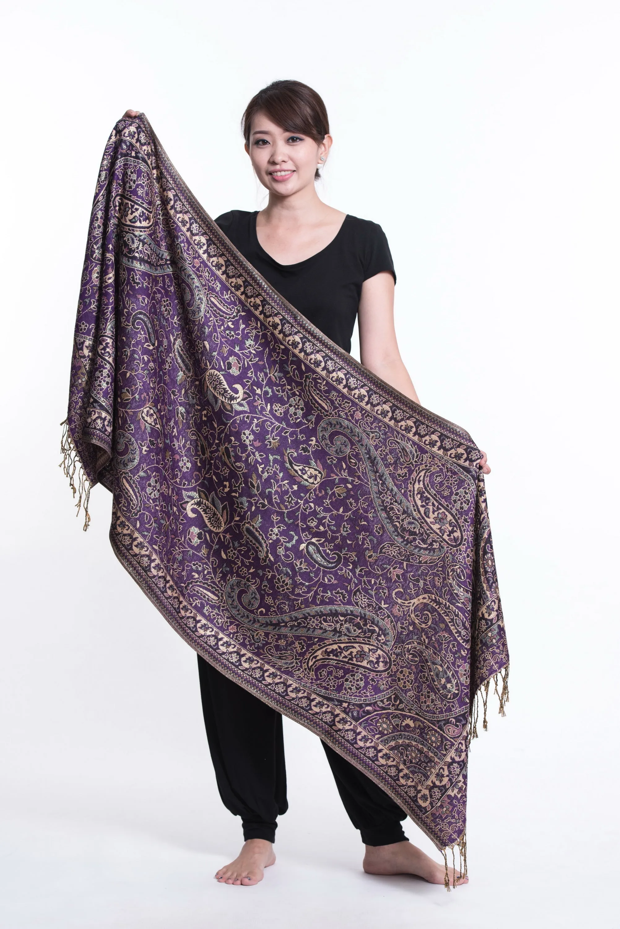 Nepal Traditional Paisley Pashmina Shawl Scarf in Purple