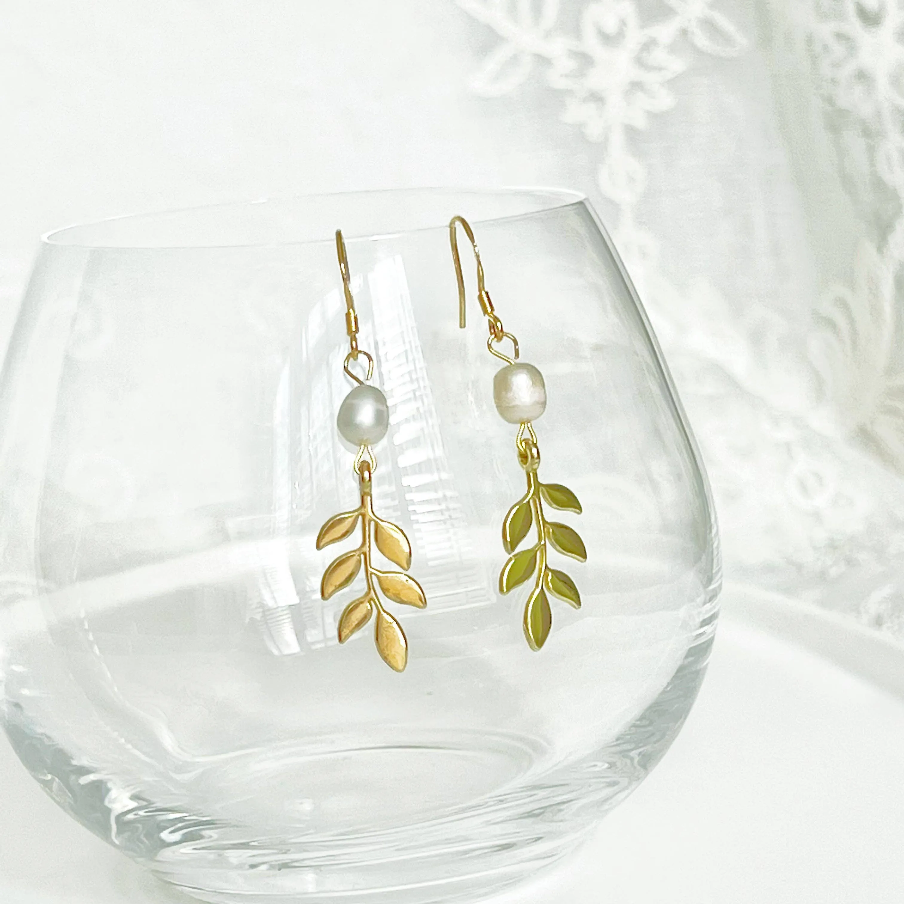 Ninaouity - Gold Willow Leaf and Freshwater Pearl Earrings