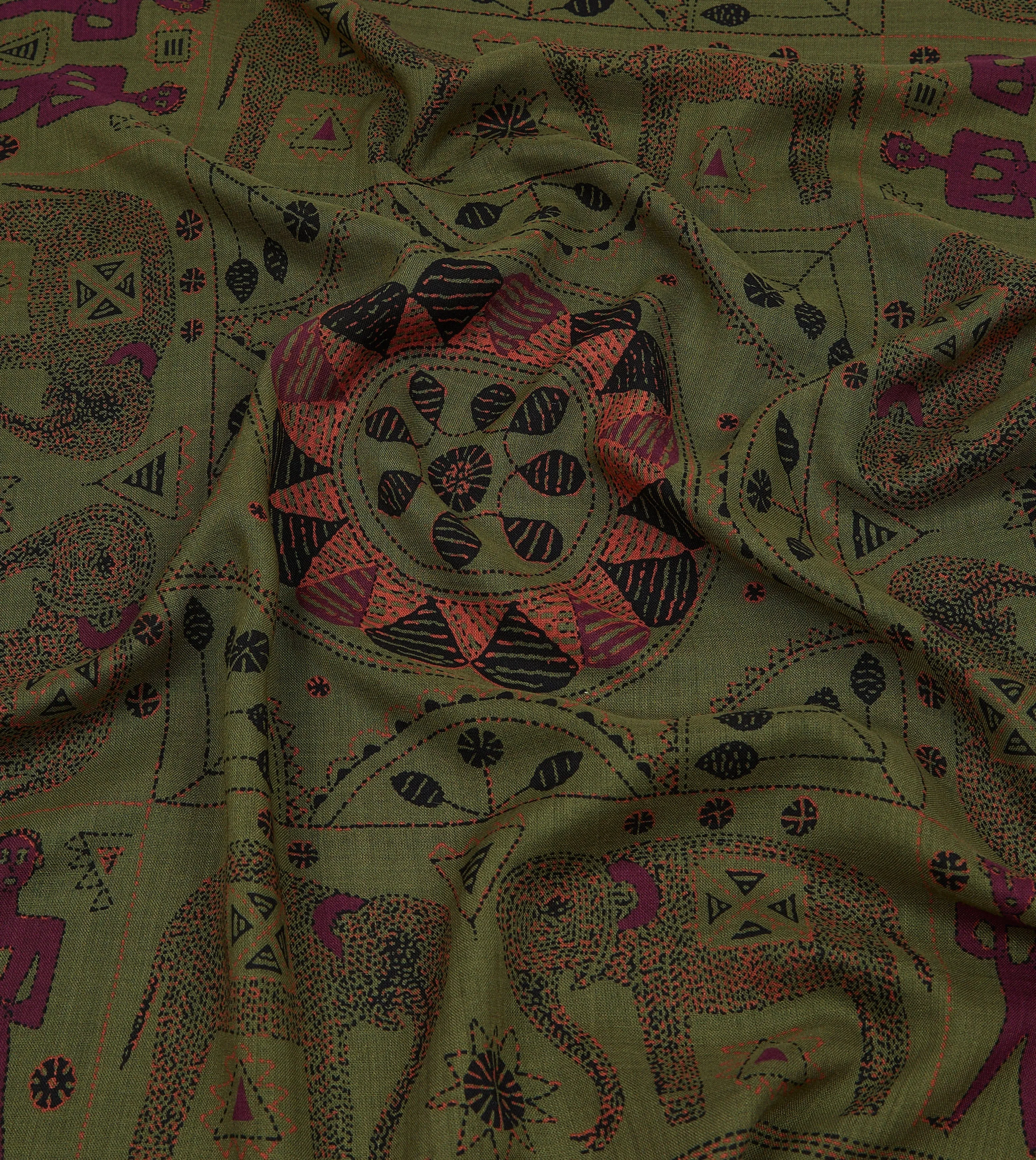 Olive Elephant Print Wool-Silk Scarf