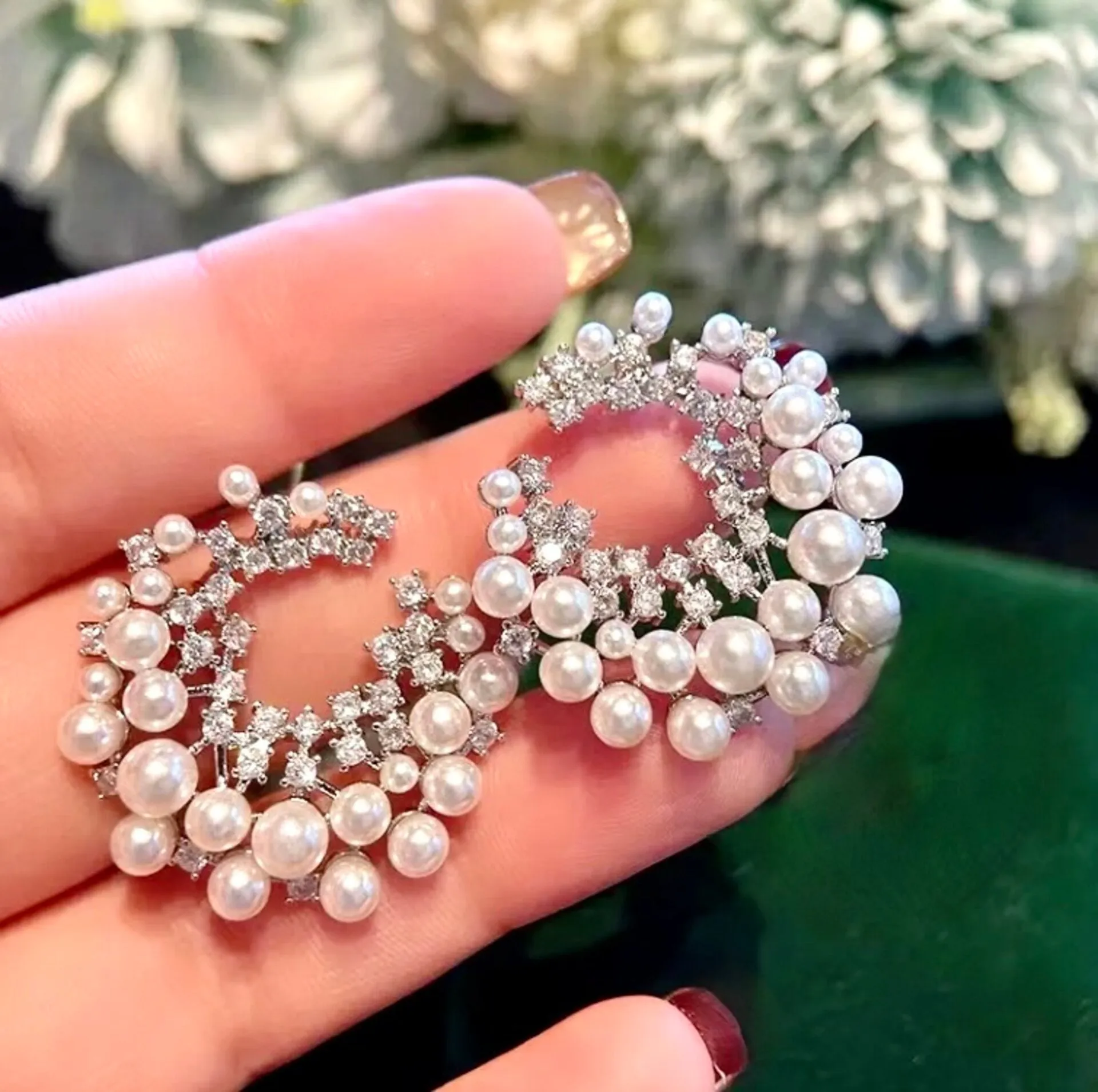 "Selena" - Pearl and Cubic Zirconia Bridal Earrings