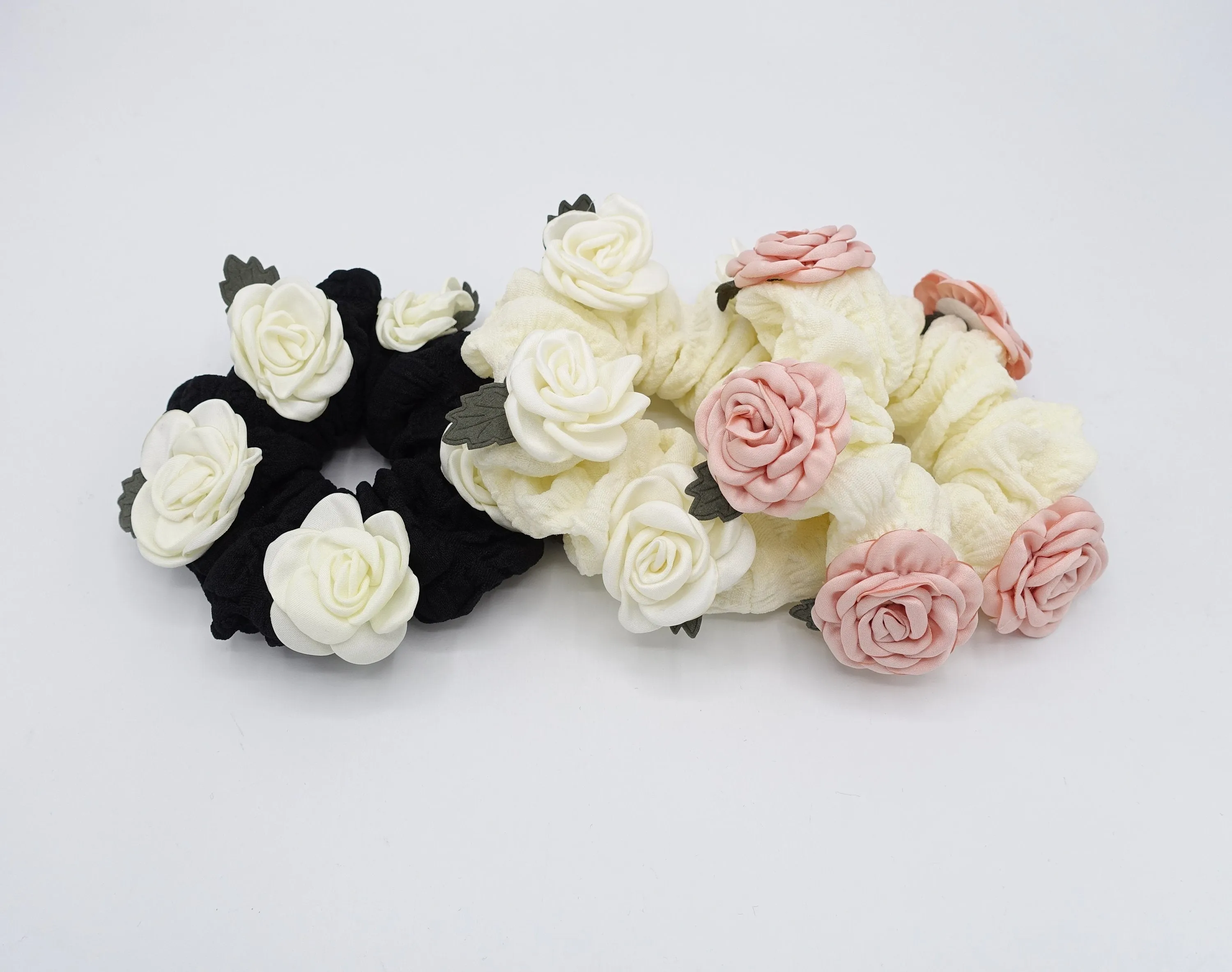 rose scrunchies, flower scrunchies, floral scrunchies for women