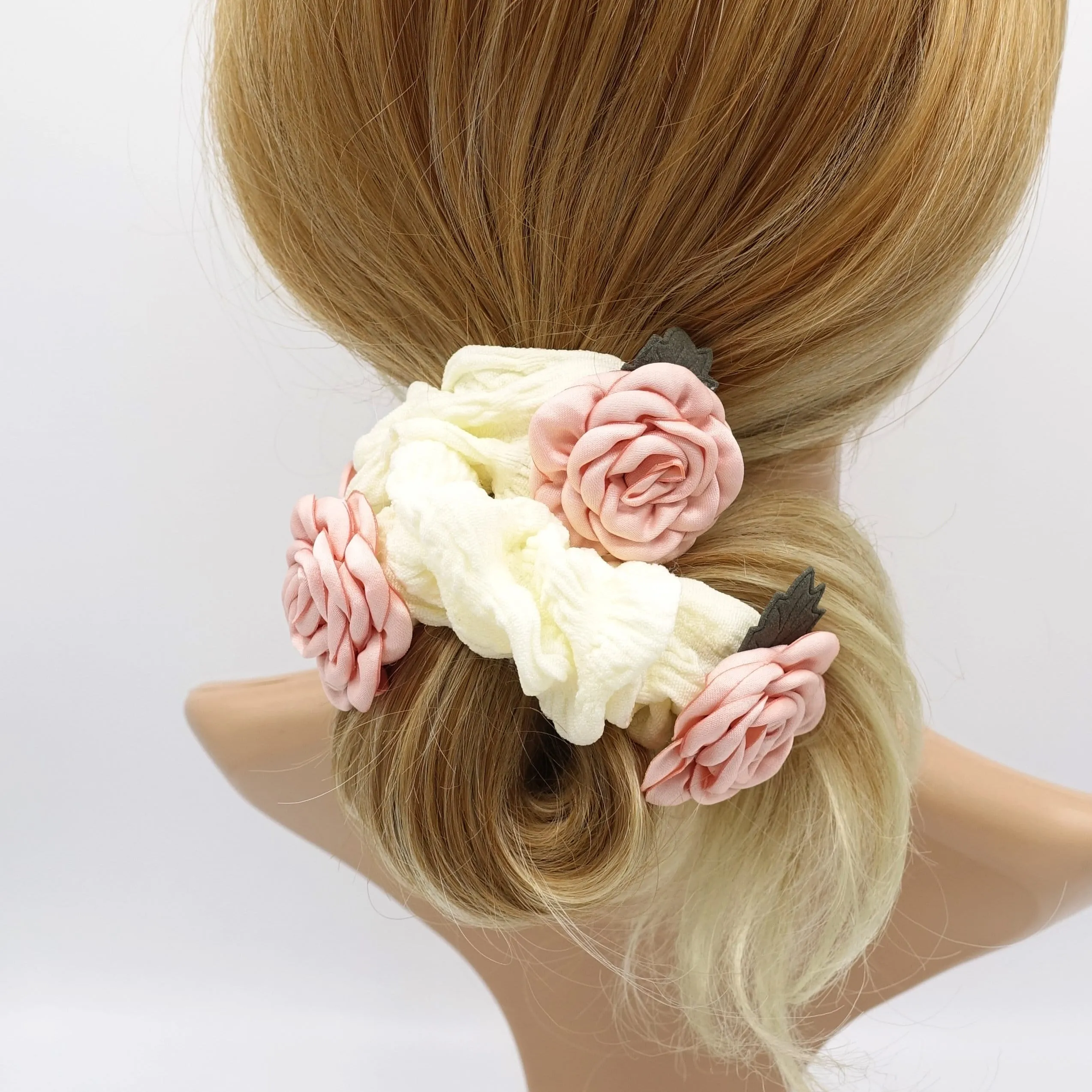 rose scrunchies, flower scrunchies, floral scrunchies for women