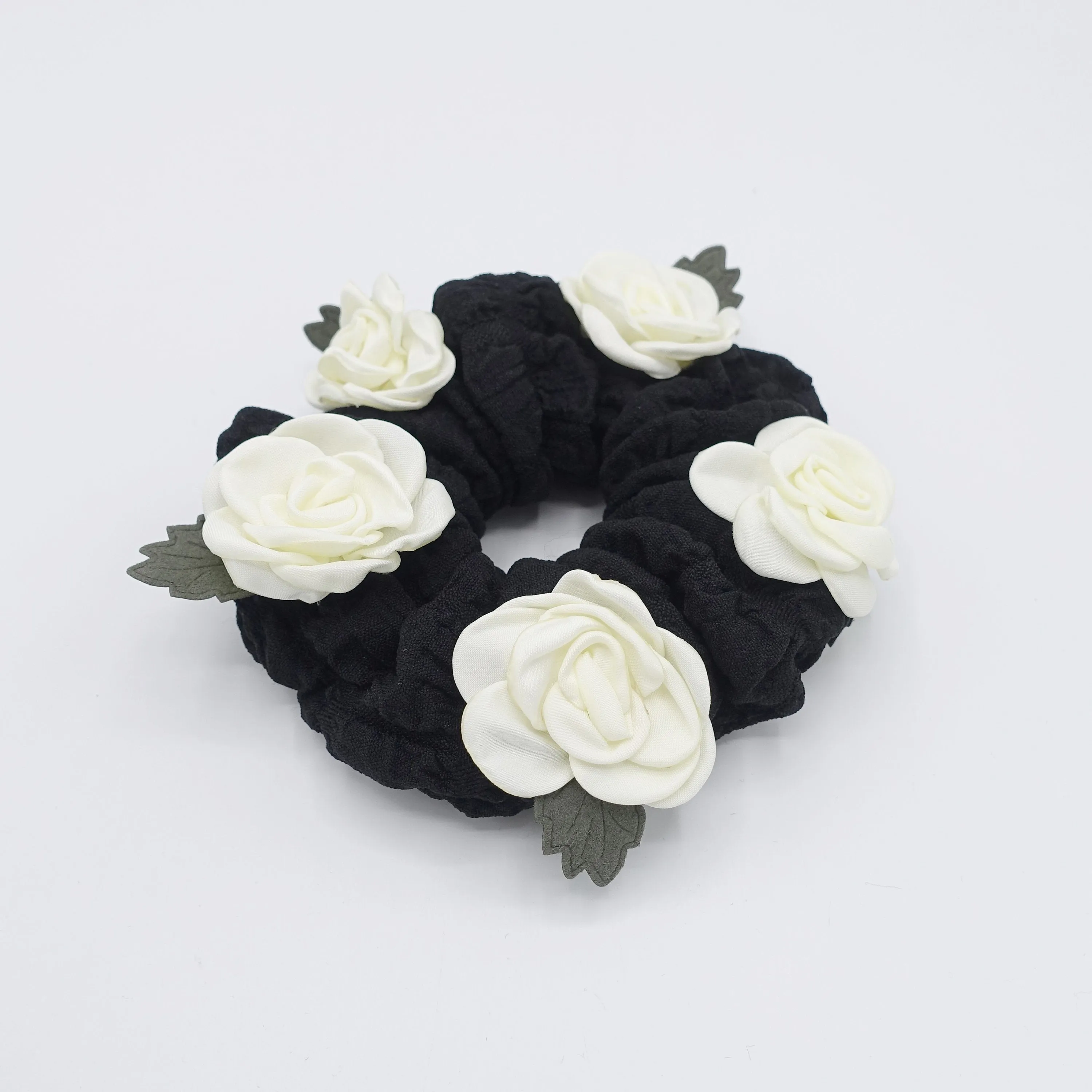 rose scrunchies, flower scrunchies, floral scrunchies for women