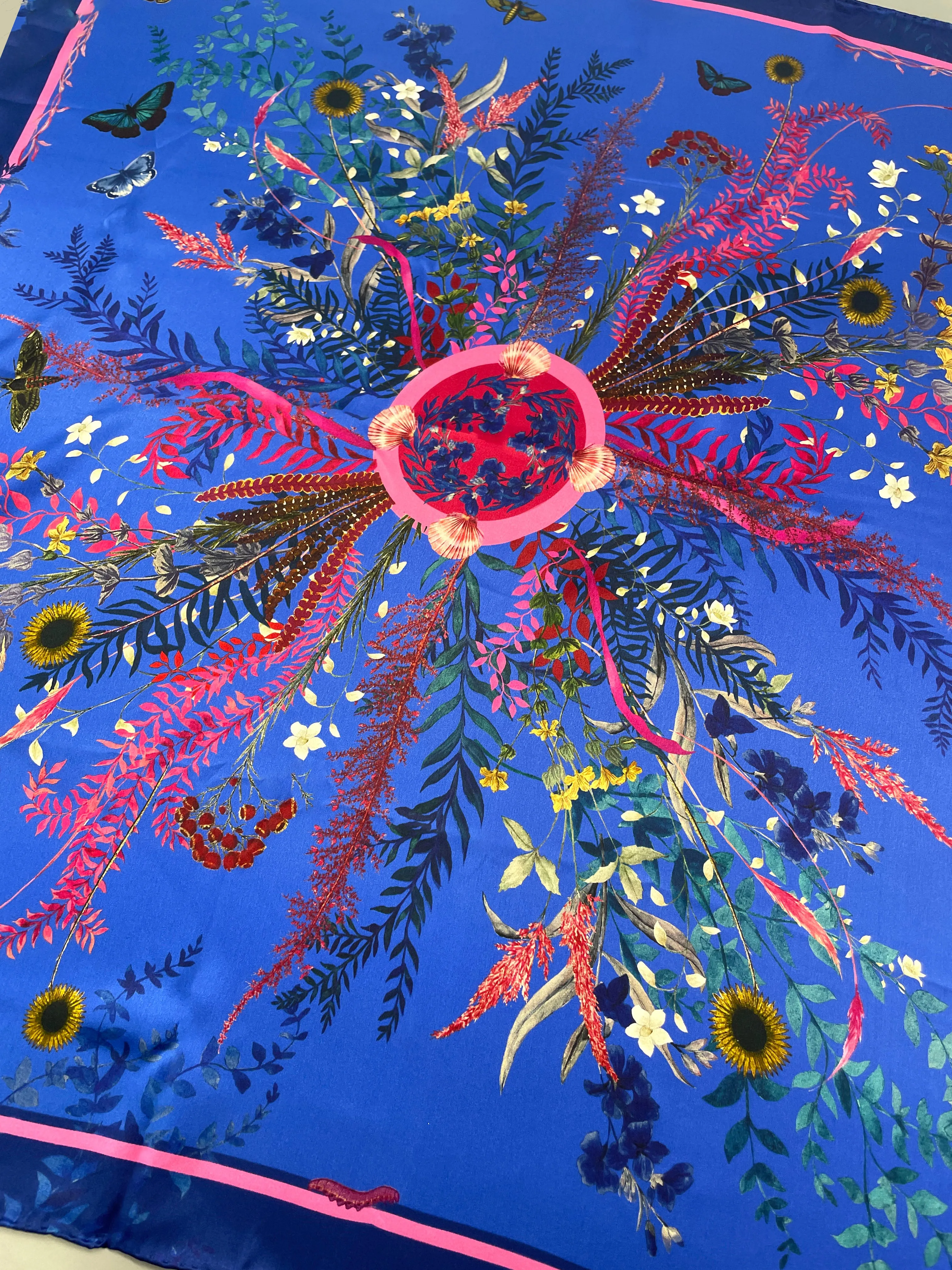 Royal blue ‘Flourish’ floral silk scarf with sunflowers and wildflowers