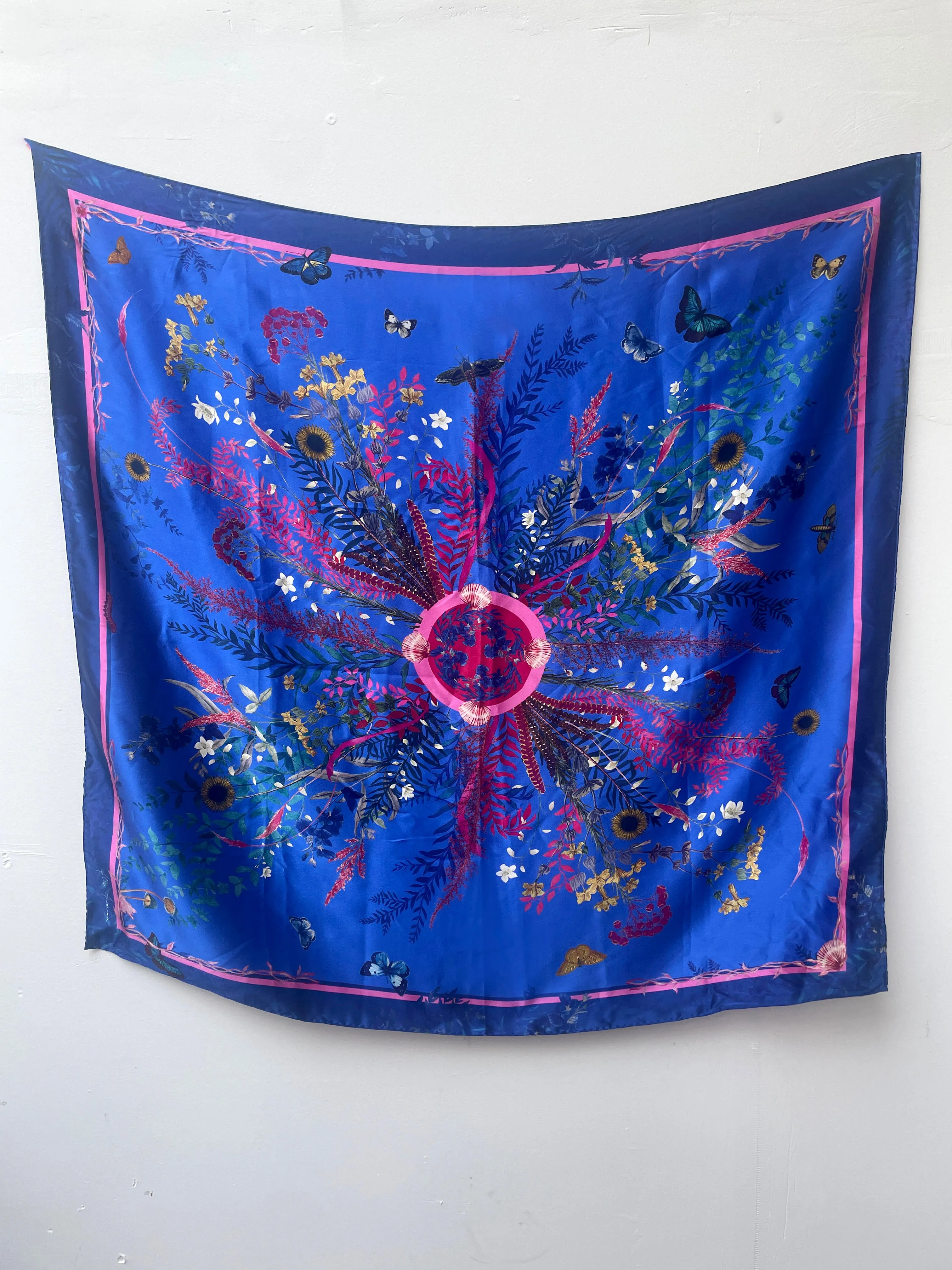 Royal blue ‘Flourish’ floral silk scarf with sunflowers and wildflowers