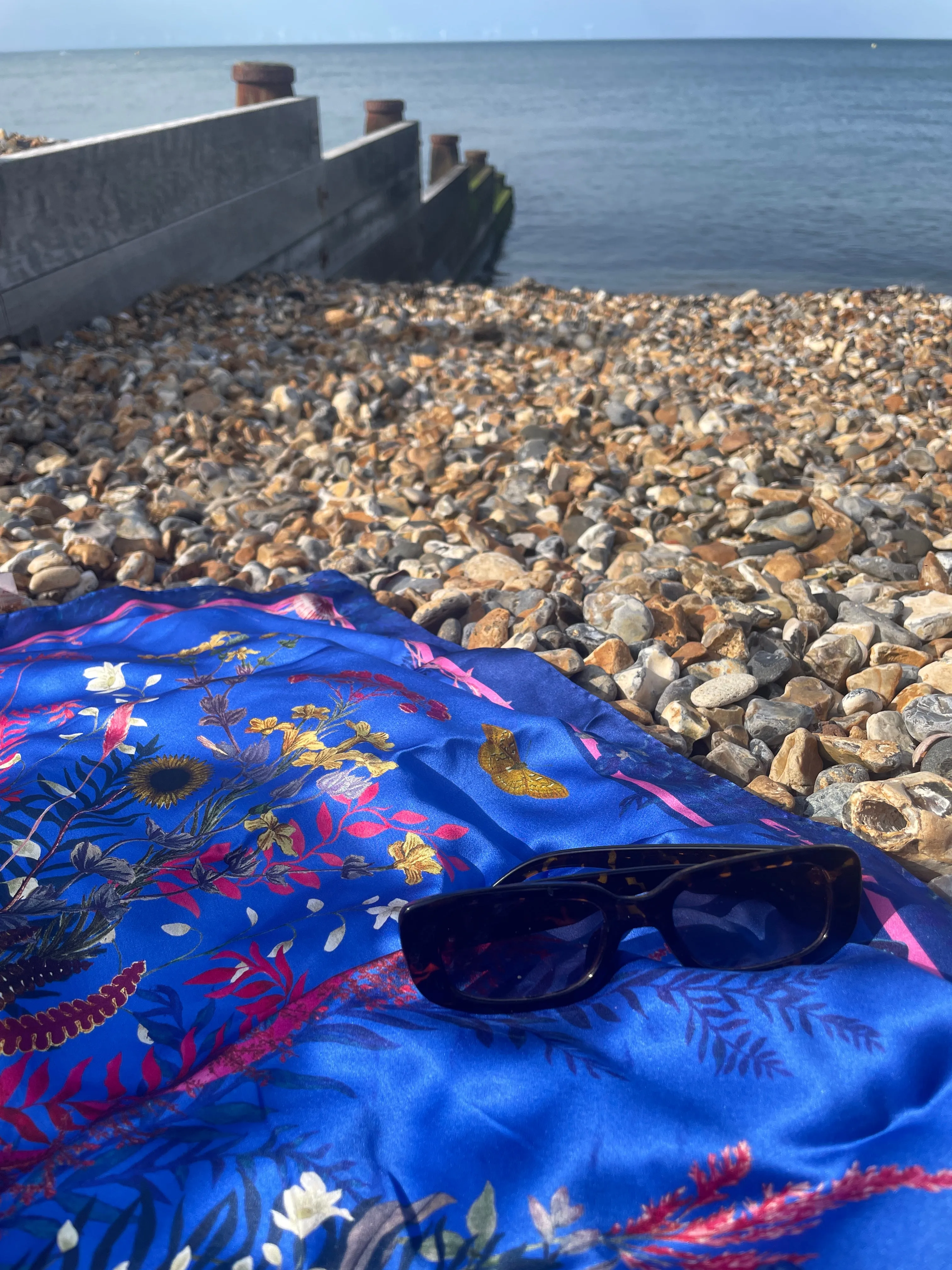 Royal blue ‘Flourish’ floral silk scarf with sunflowers and wildflowers