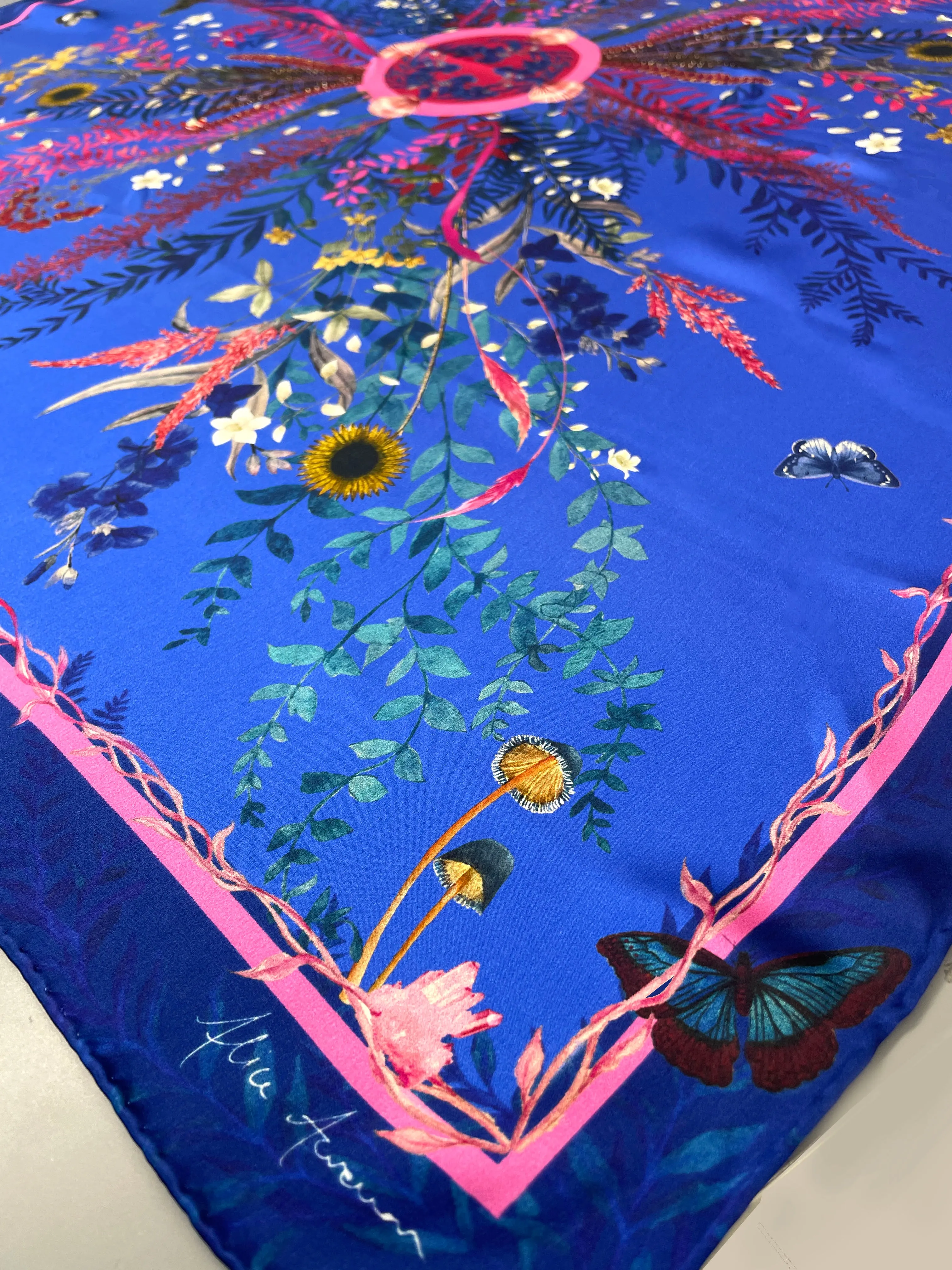 Royal blue ‘Flourish’ floral silk scarf with sunflowers and wildflowers