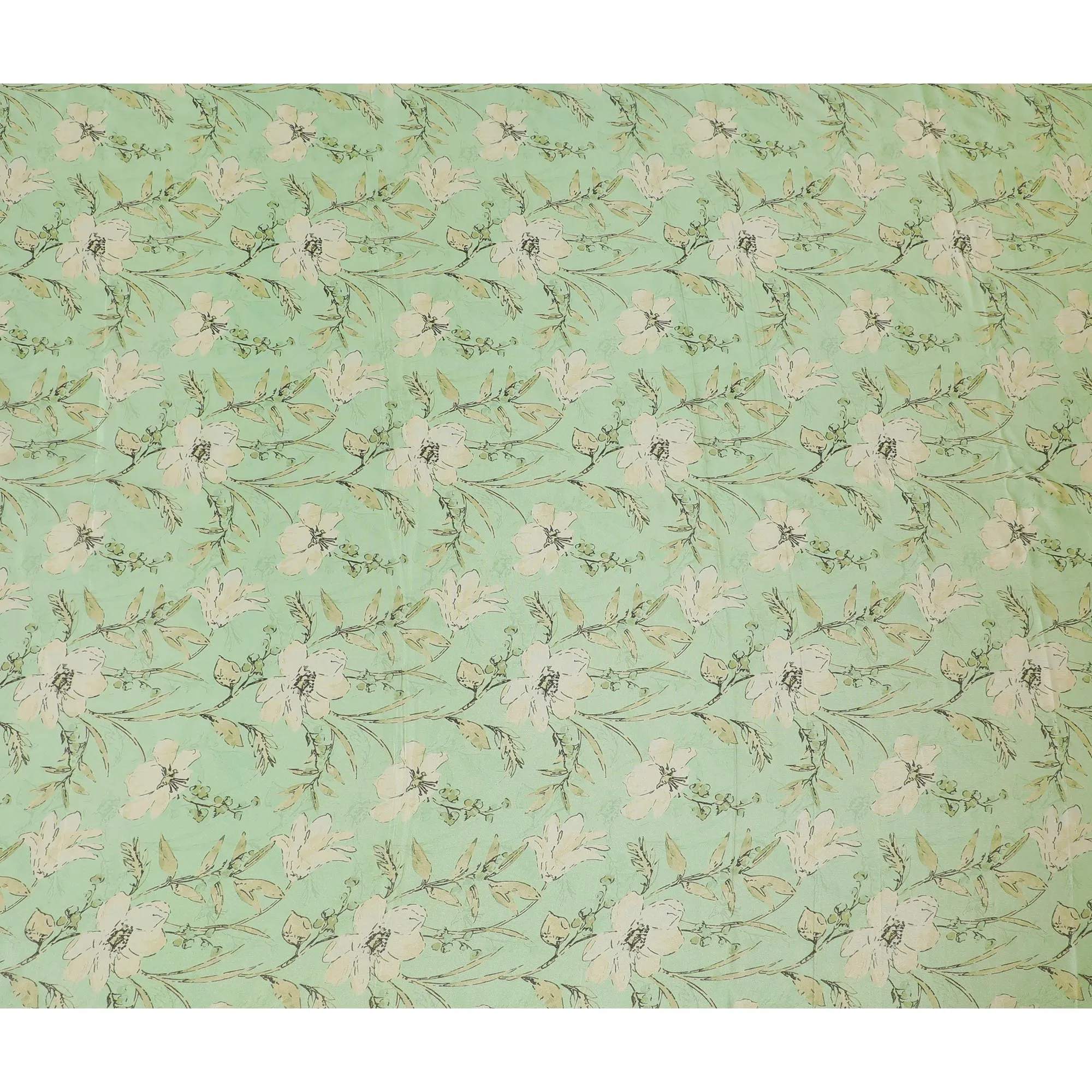 Spring Green Organza Fabric - Soft Floral Outline Print, 110cm Width, Delicate Sheen Finish-D18943