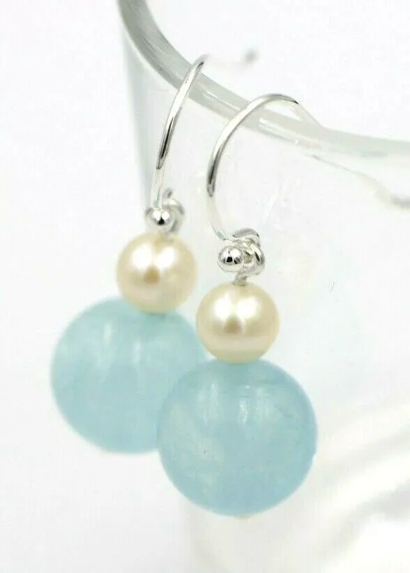 Sterling Silver Freshwater Cultured Pearl & Natural Aquamarine Hook Earrings