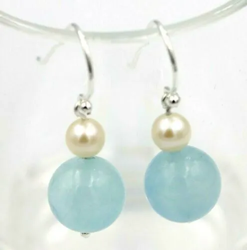 Sterling Silver Freshwater Cultured Pearl & Natural Aquamarine Hook Earrings