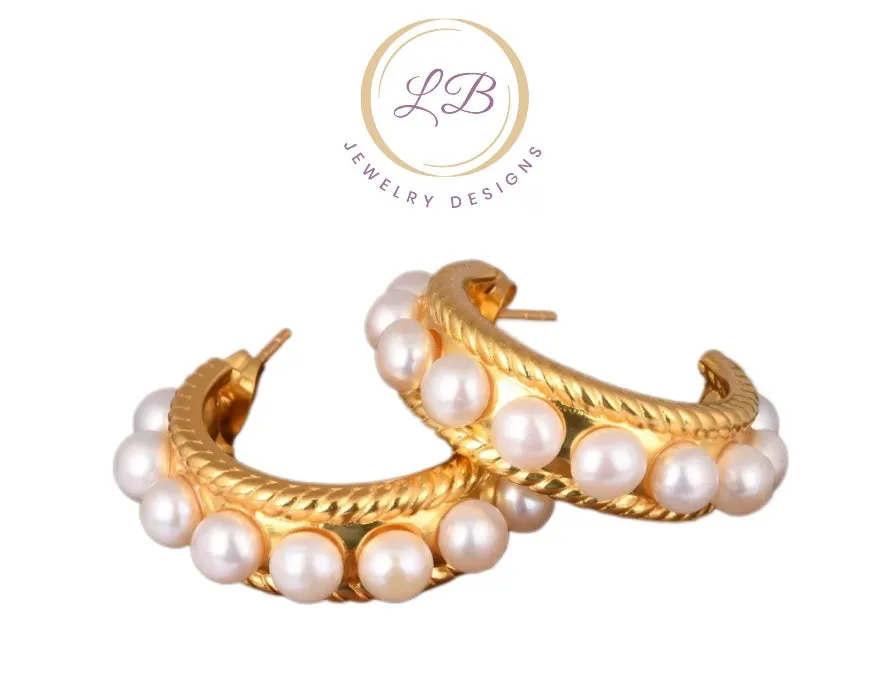 Timeless Freshwater Pearl 24k Gold Vermeil Hoops 1.07”