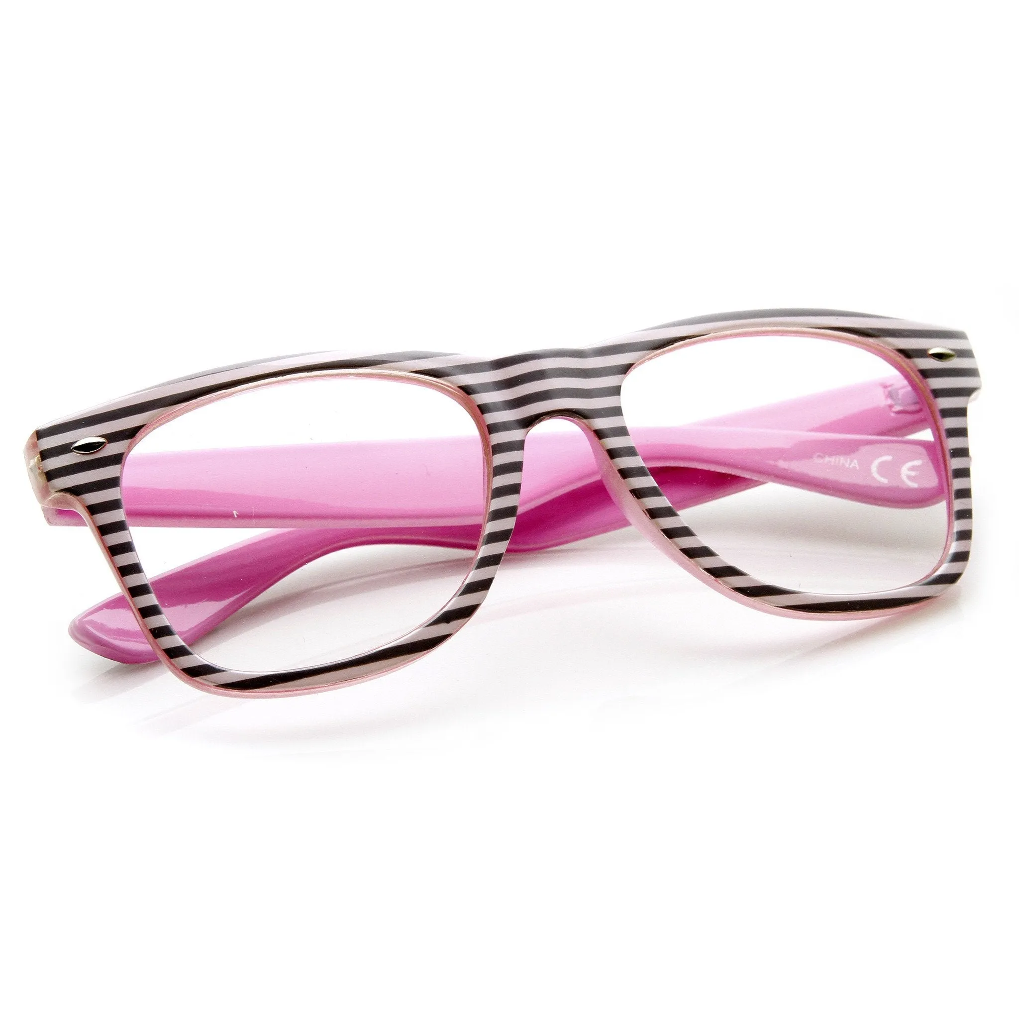 Two Tone Pastel Striped Clear Lens Horned Rim Glasses