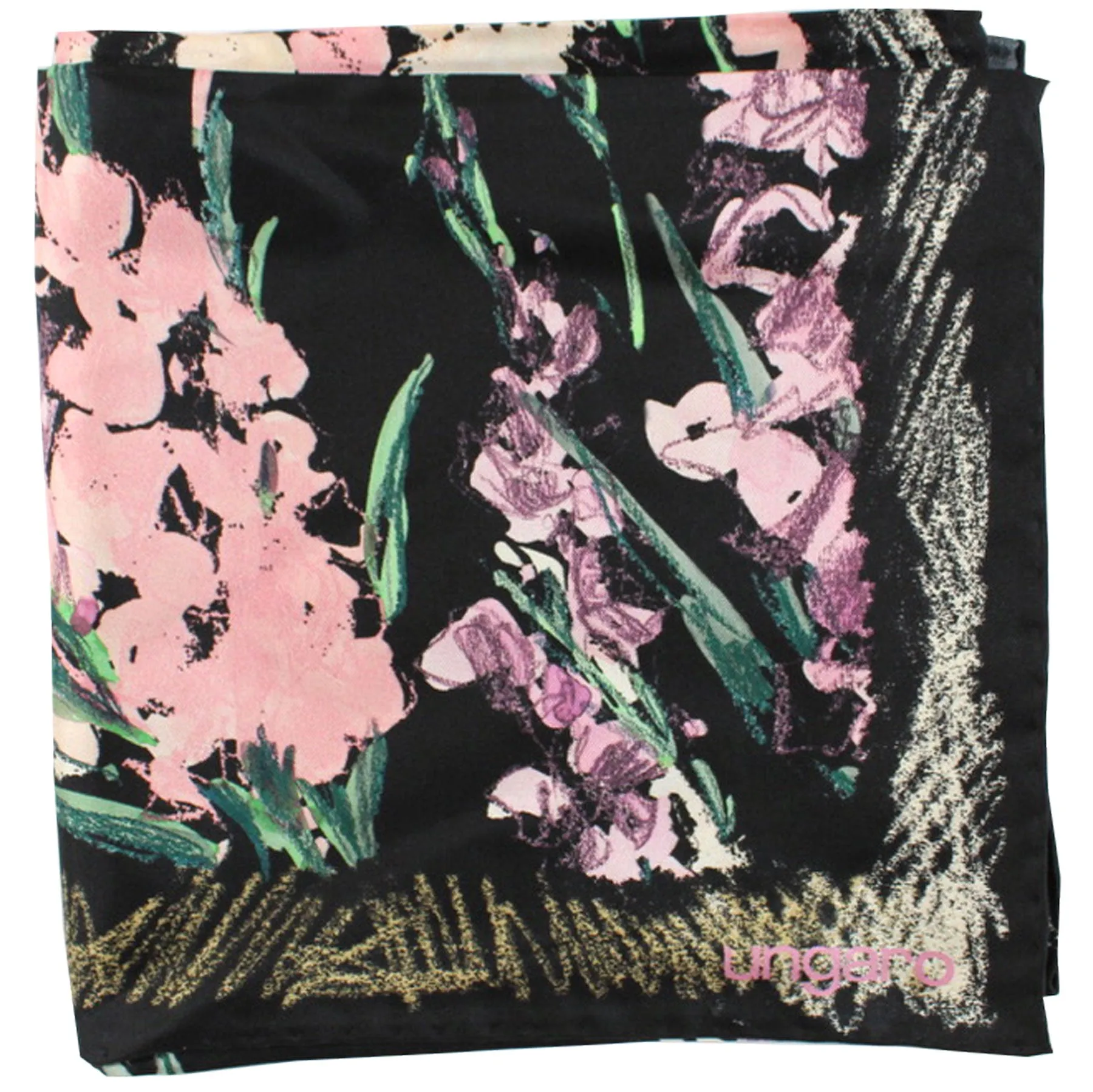 Ungaro Scarf Black Pink Green Abstract Floral - Twill Silk Square Foulard BLACK FRIDAY SALE