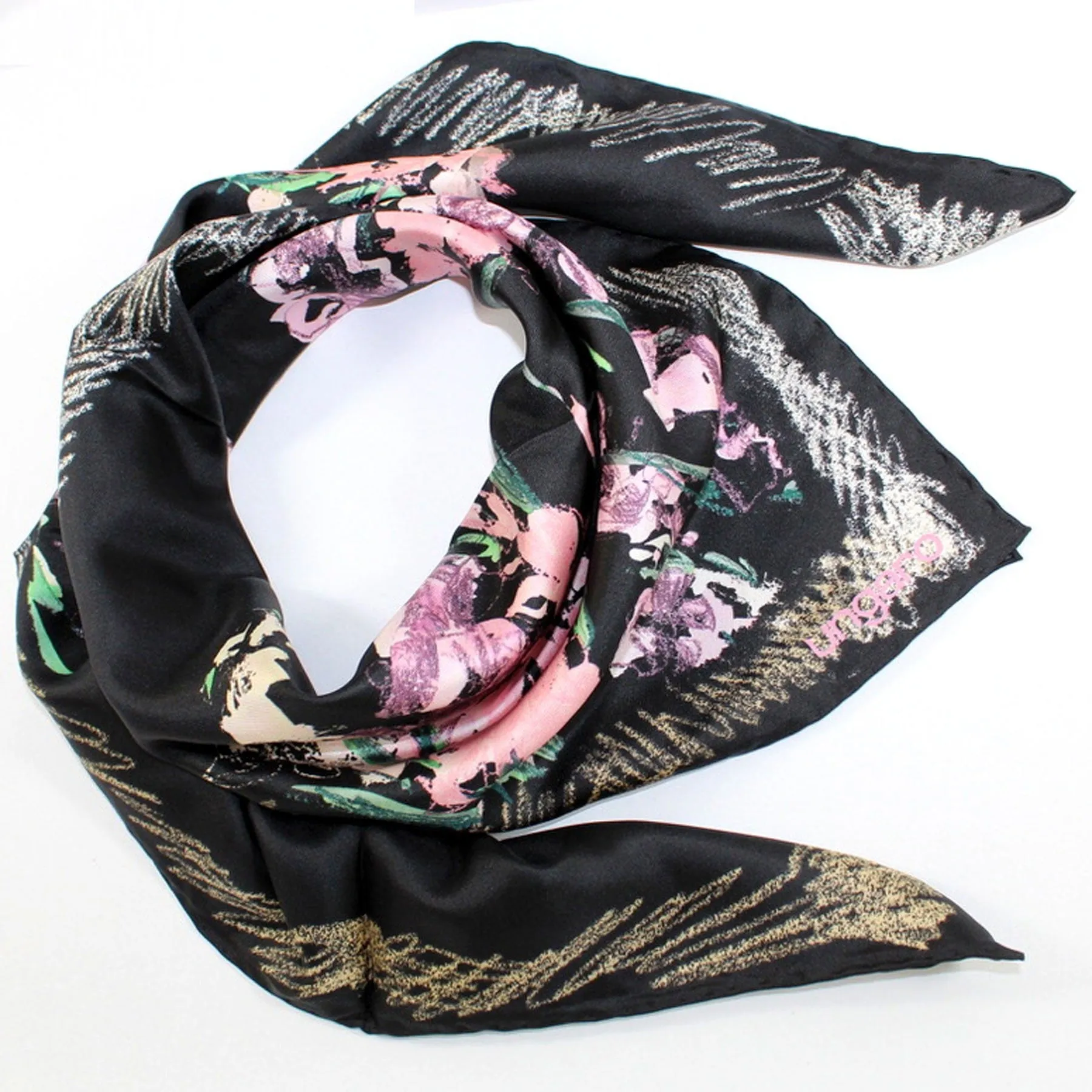 Ungaro Scarf Black Pink Green Abstract Floral - Twill Silk Square Foulard BLACK FRIDAY SALE