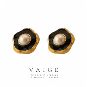 VAIGE Elegant Black Enamel Floral Pearl Drop Earrings in 925 Sterling Silver