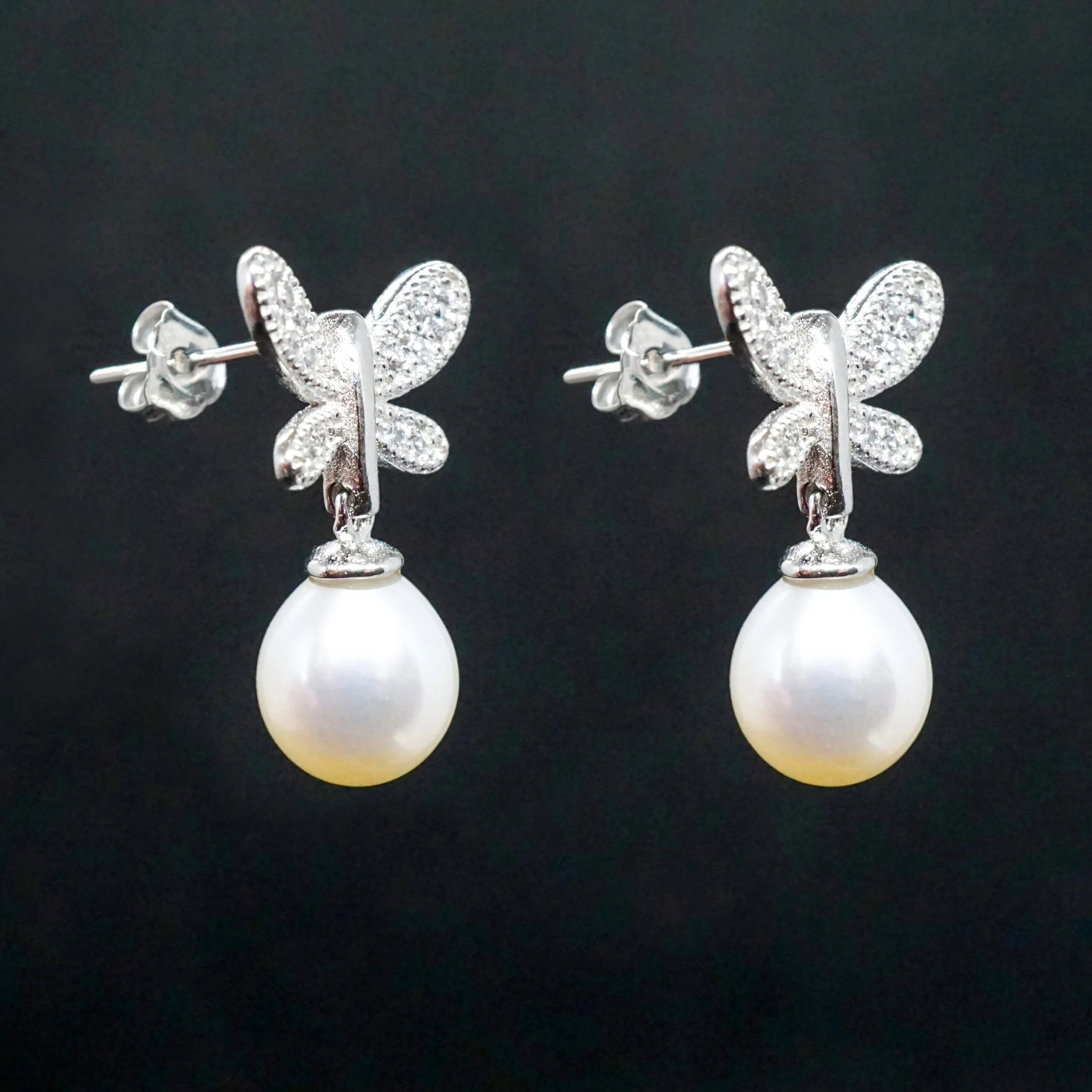 Willow X - Real Silver Freshwater Pearl Butterfly Drop Earrings